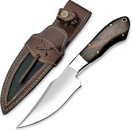 Zaby Hand Forged D2 Steel 10'' inches Fixed Blade Hunting Knife, Bushcraft Skinner Camping Outdoor Knife with Genuine Leather Sheath, Rose Wood Handle