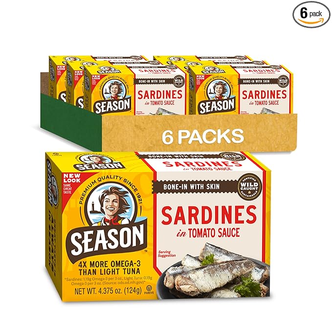 Season Sardines in Tomato Sauce - Wild Caught, 22g of Protein, Keto Snacks, More Omega 3's Than Tuna, Kosher, High in Calcium, Canned Sardines - 4.37 Oz Tins, 6-Pack