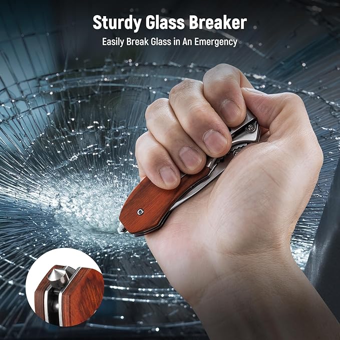 Pocket Knife for Men - 2.98" Sharp Blade Wood Handle Pocket Folding Knives with Clip, Glass Breaker - Small EDC Knives for Survival Camping Hunting Fishing Hiking Women, Silver