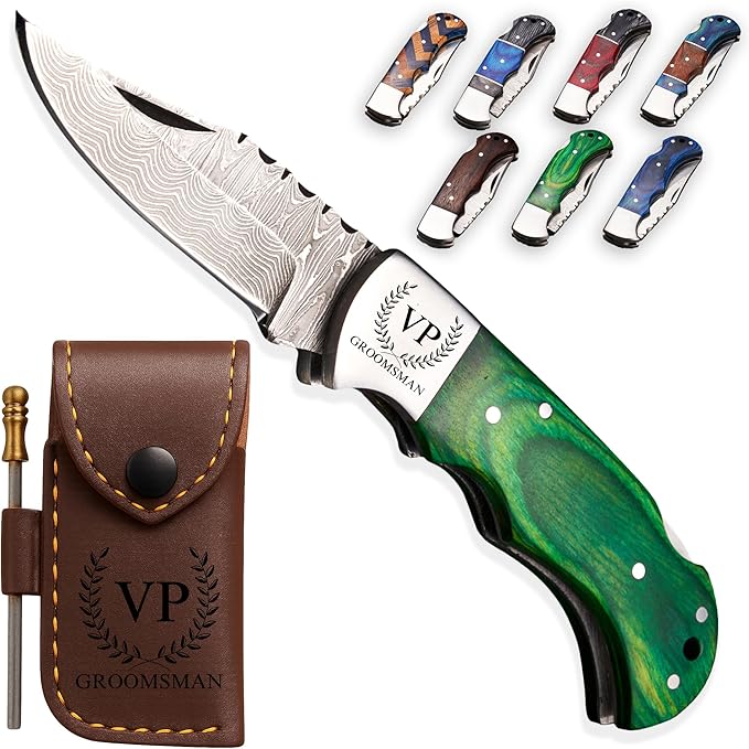 Personalized Folding Knife, Damascus Green Pocket Knife, Gifts for Men, Husband, Boyfriend, Dad, Son, Brother, Groomsmen, Hunting, Folding Knife for Birthday, Anniversary, Christmas Gift