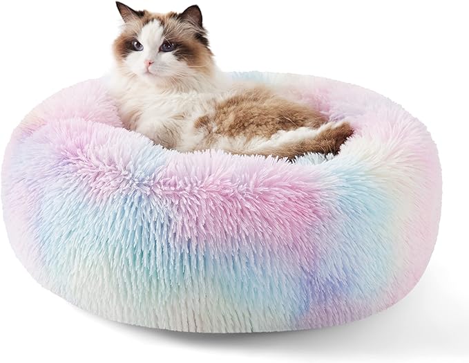 Bedsure Calming Cat Beds for Indoor Cats - Small Washable Round Cat Bed, Anti-Slip Fluffy Plush Faux Fur Pet Bed, Fits up to 15 lbs Pets, Multi-Colored, 20 inches