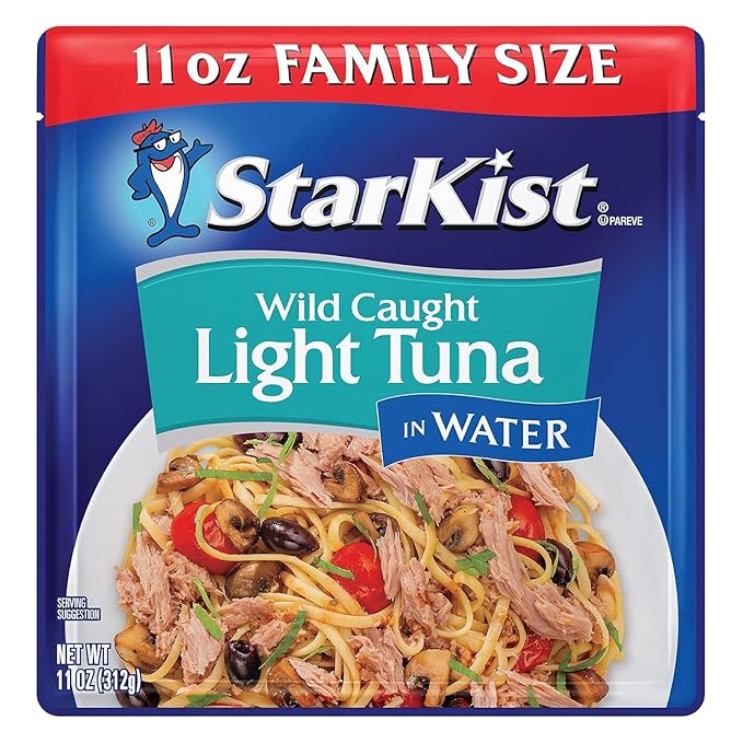 StarKist Chunk Light Tuna in Water, 11 oz Pouch (12 Pack) Ready to Eat Wild Caught Tuna, 19g Protein Per Serving, 80 Calories Per Serving, Gluten Free, Soy Free, Kosher, Perfect for Meals and Snacks