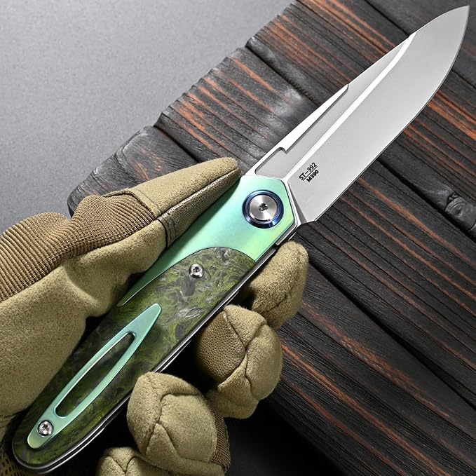 Sitivien ST992 Folding Pocket Knife,Handmade M390 Pearlescent Brushed Steel Blade,Titanium Carbon Fiber Handle EDC Tool Knife for Outdoor Camping,Hiking,Survival,Hunting(Green) … … …