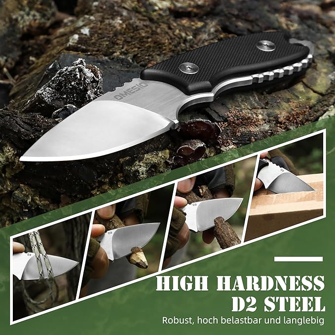 Omesio Neck Knife, 5.43" Neck Knife with Sheath and Necklace, Full Tang Small Fixed Blad Knife D2 Steel 2.17-Inch Blade G10 Handle for Outdoor, Survival, Camping, Tactical