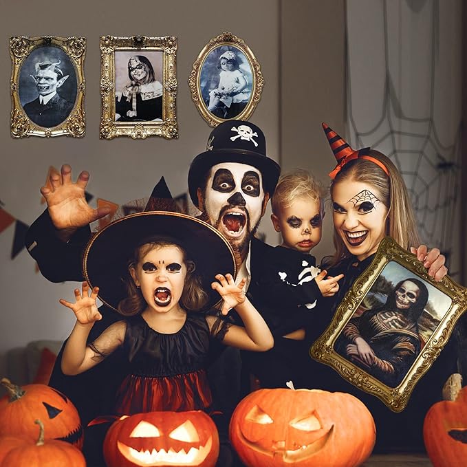 ECGER Halloween Decorations Indoor, Haunted Scary Decor - 3D Changing Face Pictures, Vintage Moving Wall Portraits Frame, For Horror Spooky Party Mansion Castle House Home Decoration(8 Pieces)