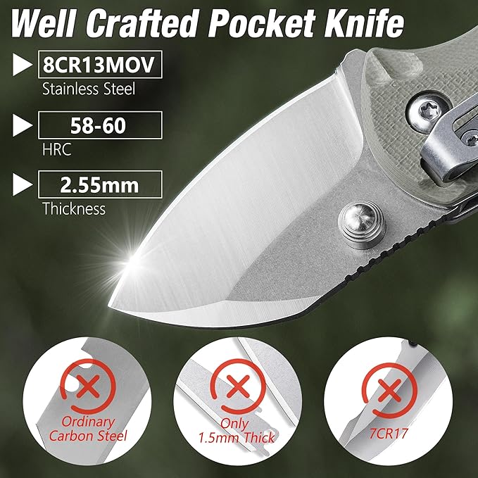 FLISSA 4" Small Folding Pocket Knife, Lightweight Utility Knife, Desert Tan G10 Handle, EDC Pocket Knife with 8Cr13MoV Steel Blade, Carry Pocket Clip, Bottle Opener and Flat Head Screwdriver, Liner Lock