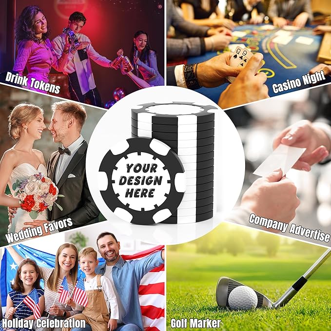 25 Custom Clay Poker Chips, 40mm Heavy 11.5g Casino Sized Personalized Poker Chips with Your Logo, Image or Text, Custom Drink Tokens for Bar, Party, Tournaments, Golf Club or Events