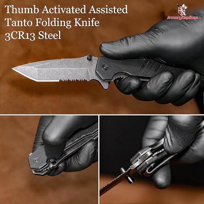 Armory Replicas??Alpha Force Tanto Spring Assisted Knife ??3CR13 Steel Blade, Stonewash Finish, G10 Handle, Pocket Clip ??EDC Folding Knife