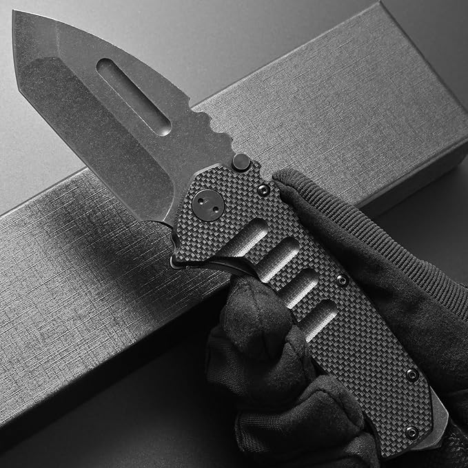Ccanku C1137 Folding Knife, D2 Blade G10&Steel Handle EDC Tool Knife for Outdoor Camping Hiking Fishing(Black)