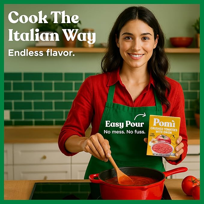 Pomì Crushed Tomatoes with Onion 13.8oz (Pack of 12) - Creamy, Velvety Italian Tomato Sauce No Salt Added, No Additives or Preservatives - BPA free Tomato Crushed - Made from 100% Fresh Italian Tomatoes