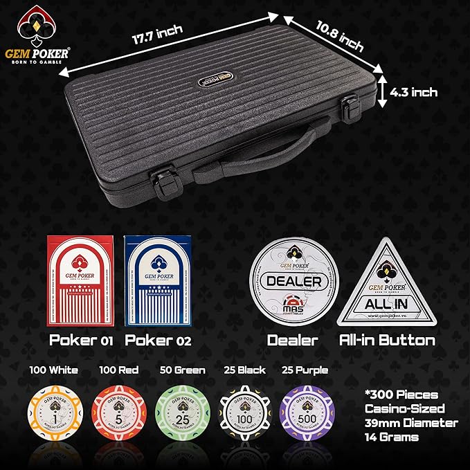 Luna 14 Gram Clay Poker Chips Set for Texas Hold’em, 300PCS Numbered Chips, Features a High-end Carrying Case with Strong Eva Foam Inside and German Polycarbonate Shell