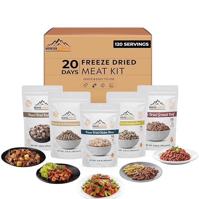 MOUNTAIN ESSENTIALS Freeze-Dried Meat Variety Kit ??3 Chicken Dices, 3 Beef Dices, 3 Ground Beef, 2 Shredded Pork & 1 Pork Sausage Crumble | 10 Servings per Pouch | Shelf-Stable Daily Meals, Camping & Emergency Food | Made in USA
