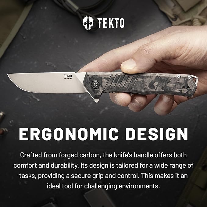 KNIVES F1 Alpha Folding Pocket Knife - Modified Straight Back Blade, Titanium Coated D2 Steel, Ideal for Camping & Backpacking, Tactical Forged Carbon Fiber Handle, Silver Titanium Accents