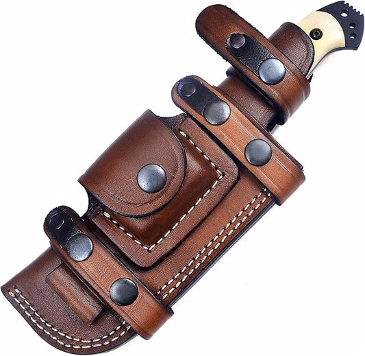 Ottoza Fixed Blade Hunting Knife with Leather Sheath and Horizontal Carry - Full Tang Outdoor Survival and Camping Knife for Men - Bone Handle 354