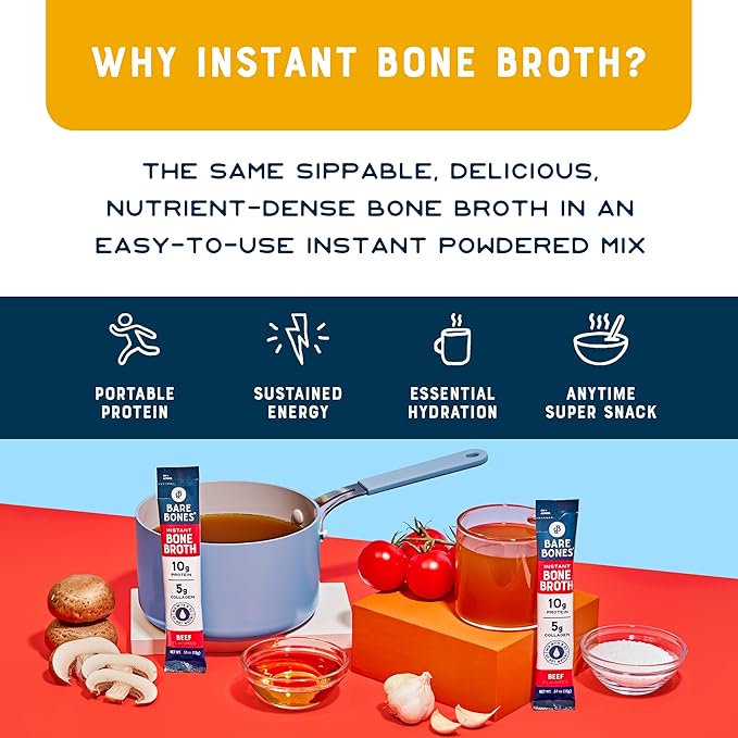 Bare Bones Bone Broth Instant Powdered Beverage Mix, Chicken & Beef, Variety Pack of 8, 4 Chicken & 4 Beef - 15g Sticks, 10g Protein, Keto & Paleo Friendly