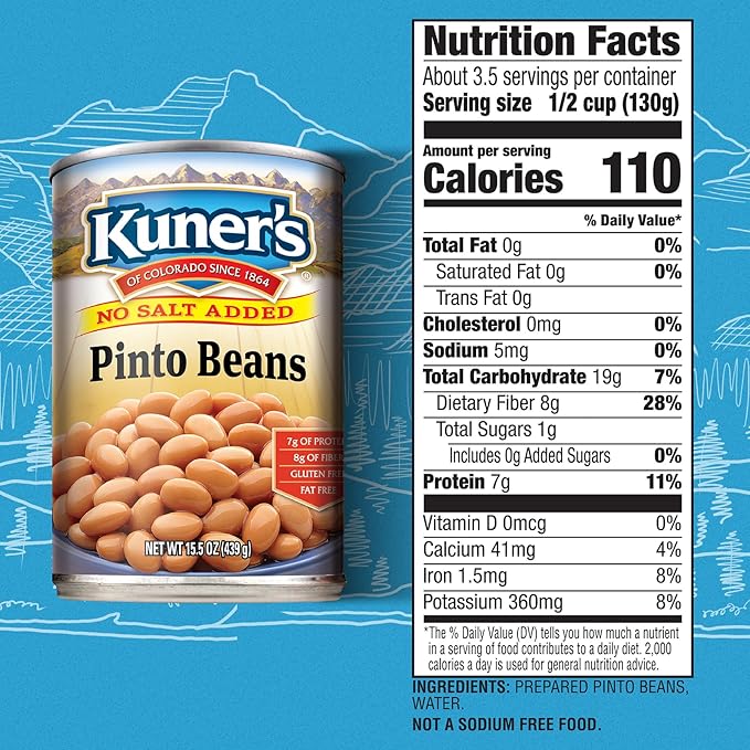 Kuner?™s No Salt Added Canned Pinto Beans, Plant Protein and Fiber, Gluten Free, Vegan, Fat Free, 12 Pack of 15.5 oz Cans