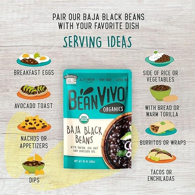 BeanVIVO (Pack of 12) Organics 14g Plant based Protein Baja Black Beans - Good Source of Fiber - Nutritious & Microwave Meals - Gluten-Free Plant Food - 10 oz