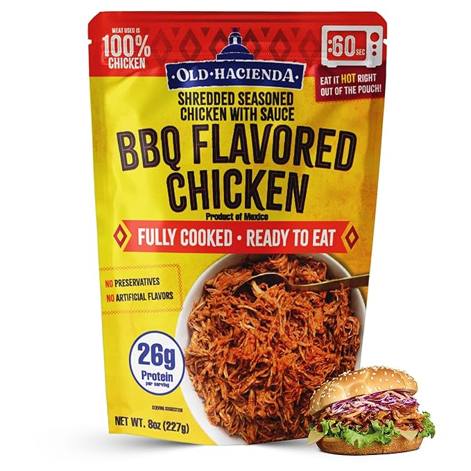 Old Hacienda BBQ Flavored Chicken | 100% Shredded Seasoned Chicken with Sauce | Fully Cooked & Ready to Eat | 26g Protein | No Preservatives or Artificial Flavors | BPA Free Pouch | Pack of 1-8oz