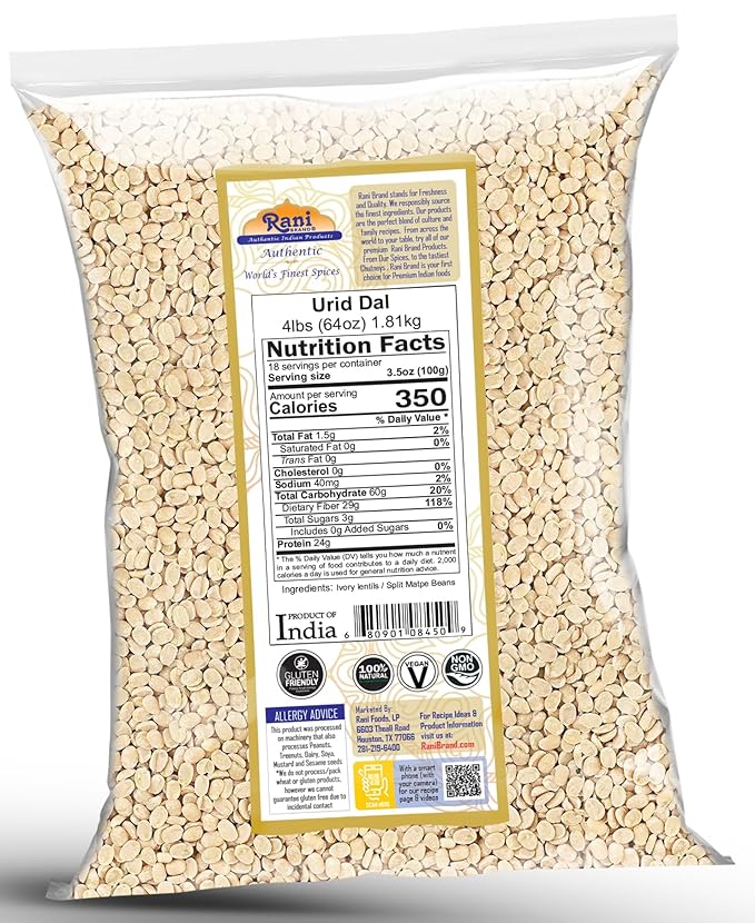 Rani Urid/Urad Dal (Split Matpe Beans Skinless) Indian Lentils 64oz (4lbs) 1.81kg Bulk ~ All Natural | Gluten Friendly | Non-GMO | Kosher | Vegan | Indian Origin