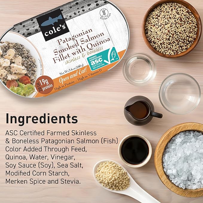 COLE’S - Patagonian Smoked Salmon Fillet with Quinoa| Ready to Eat Meal | 5.6 oz Hand-Packed Canned Fish | 19g Protein | High in Vitamin D | 1 Unit
