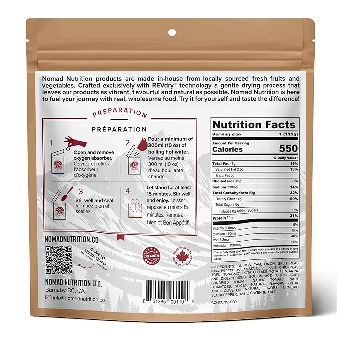 Nomad Nutrition Cali Breakfast Bowl | Instant Freeze Dried Backpacking & Camping Food | Plant-Based, Non-GMO Hiking Meals with High-Energy, Vegan, Gluten-Free | 112g - 1 Pack