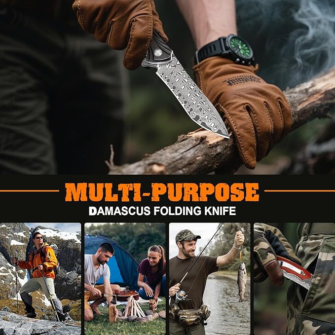 AUBEY Damascus Pocket Knife, Folding Knife with 3.43" Blade, Wooden Handle, Clip, EDC Knife for Outdoor, Hiking, Hunting, Gift/Collection for Men Women