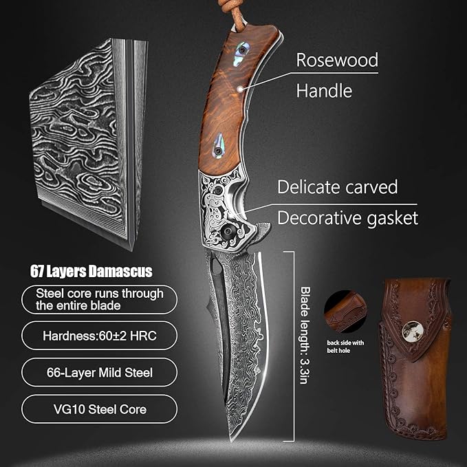Handmade Japanese VG10 Damascus Steel Folding Knife,Rosewood Liner Lock Handle, Leather Sheath,EDC Pocket Knives for Men Outdoors Camping Fishing