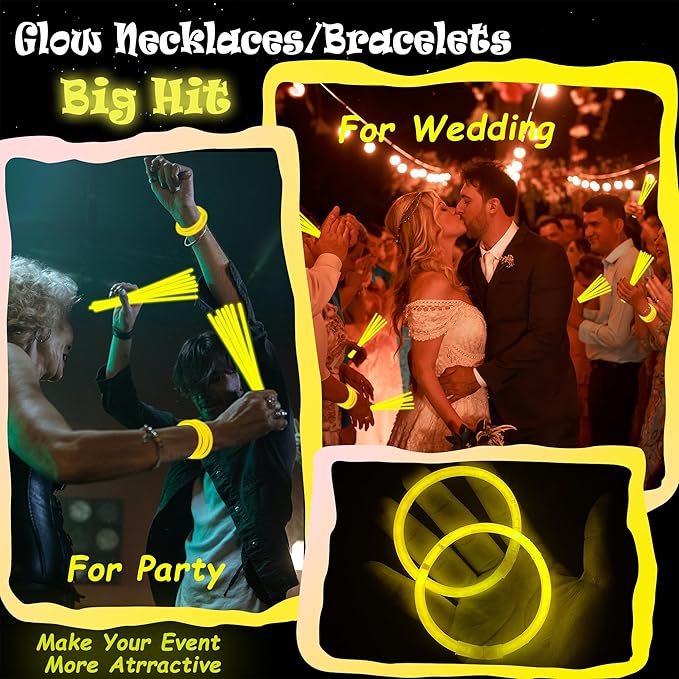 100 pk 8" Yellow Glow Sticks Bulk Party Favors, Light up Glow Necklaces & Bracelets in the Dark Party Supplies For Christmas Halloween Birthday Neon Party (100 * Yellow)