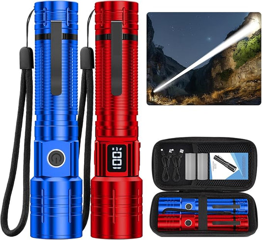 AdamStar Flashlights High Lumens Rechargeable Super Bright LED Flashlight with Dimmable, Zoomable Beam Tactical Flash Lights Small Powerful ((RED+ Blue) with case)