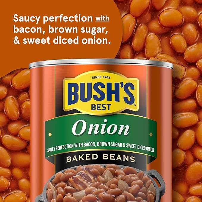 BUSH'S BEST 16 oz Canned Onion Baked Beans, Source of Plant Based Protein and Fiber, Low Fat, Gluten Free, (Pack of 12)