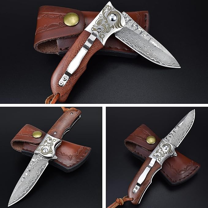 AUBEY Damascus Pocket Knife with Clip, Folding Knives with VG10 Damascus Steel Blade, Wooden Handle, Foldable EDC Knifes for Outdoor Survival Collection Gift