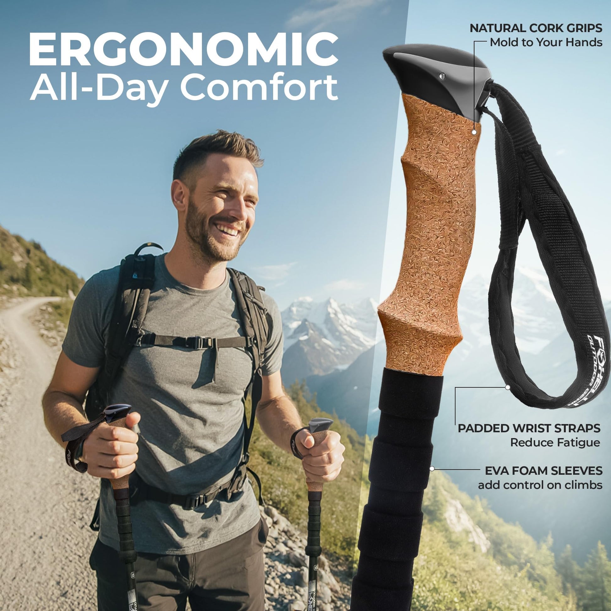 Foxelli Carbon Fiber Trekking Poles – Lightweight Collapsible Hiking Poles with Cork Grips, Quick