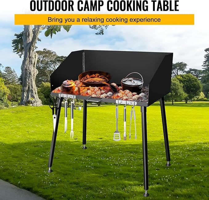 Carbon Steel Camp Cooking Table, Dutch Oven Table with Three-Sided Windscreen and Four Legs for Grill Travel Outdoor Picnic,Beach,BBQ,Backyards,38x16