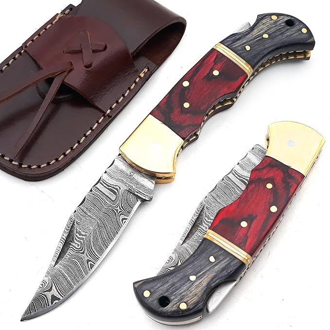 6.5 inch Damascus Pocket Knife with Sheath, Handmade Folding Pocket Knife for Men, Black-Red Wooden Handle with Brass Bolster, Secure Lock Back Camping Knife for EDC,Hunting,Hiking (Red)