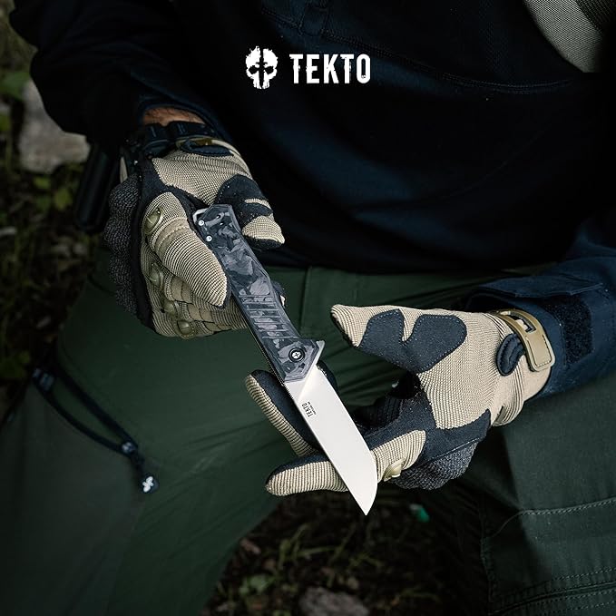 KNIVES F1 Alpha Folding Pocket Knife - Modified Straight Back Blade, Titanium Coated D2 Steel, Ideal for Camping & Backpacking, Tactical Forged Carbon Fiber Handle, Silver Titanium Accents