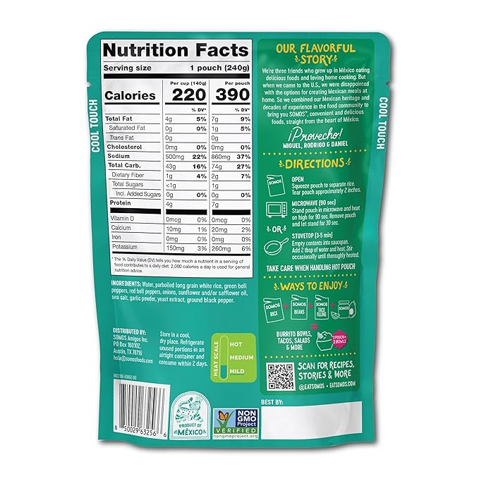 SOMOS Fajita White Rice - Gluten Free, Vegan, Non-GMO & Microwavable - Authentic Mexican Flavor, Healthy & Convenient Meal - Perfect for Burrito Bowls, Tostadas & More | 8.8 oz (Pack of 6)