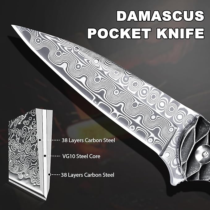 Damascus Pocket Knife, 2.87" Damascus Blade Folding Knives with Stainless Steel Handle, EDC Knife for Camping Hiking Hunting Gift