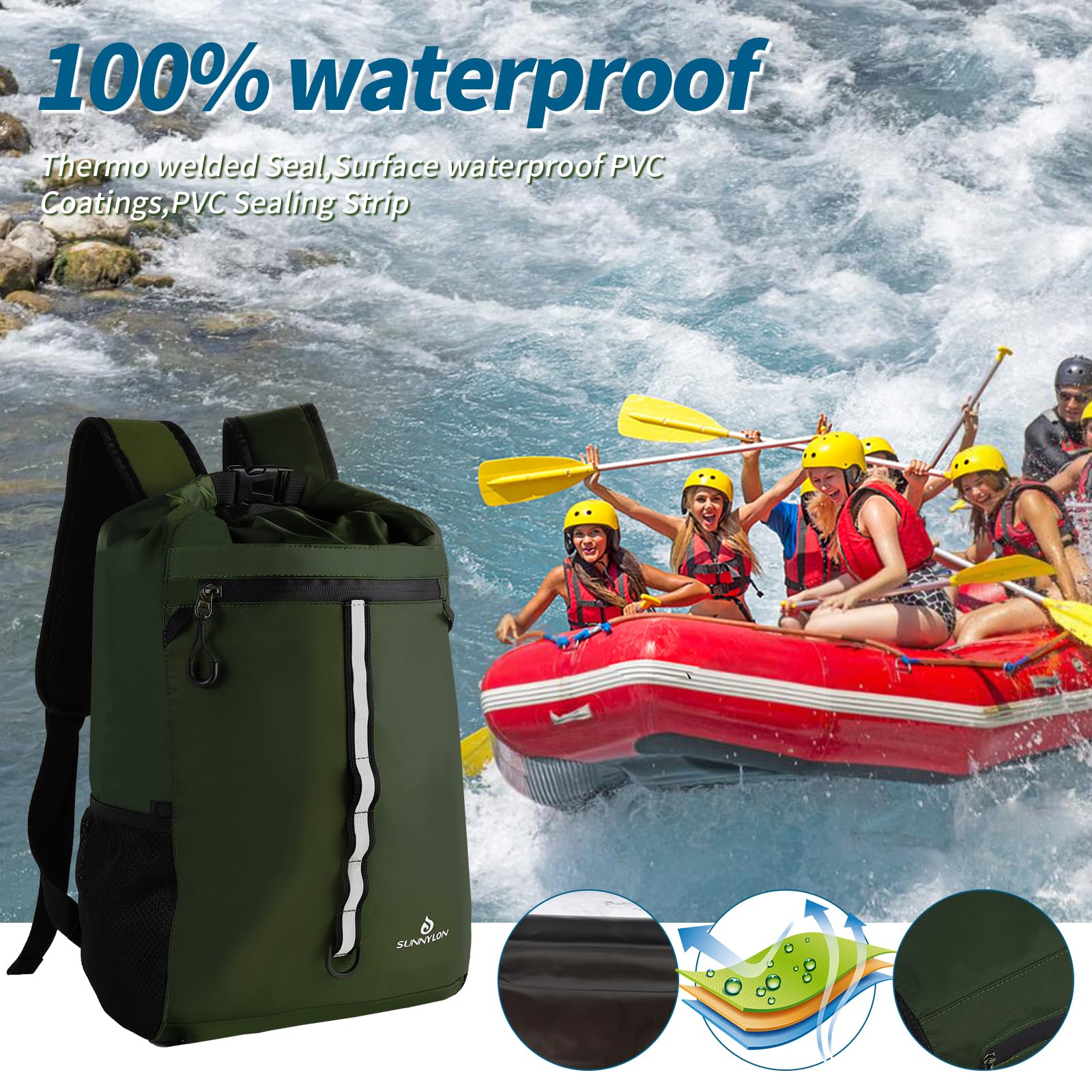 Sunnylon Dry Bag Backpack,20L Dry bags Waterproof Kayaking with Waist Pouch and Phone