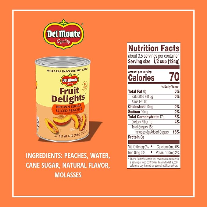 Del Monte Fruit Delights Sliced Peaches in Brown Sugar Extra Light Syrup, 15 oz. Cans, 12 Pack