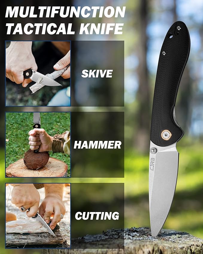 CJRB Feldspar Folding Knife - Stonewash D2 Steel Blade, G10 Tactical Handle, EDC Pocket Knife, Black Handle (J1912)