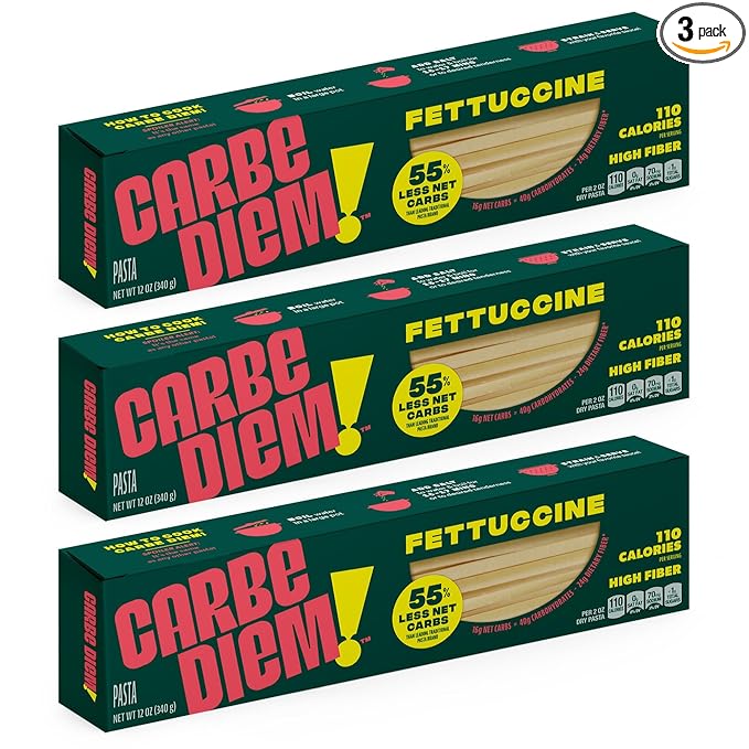 Carbe Diem!, Fettuccine, Lower Net Carb Pasta with Traditional Flavor & Texture, 8 grams of Protein, 55% Fewer Net Carbs & Only 110 Calories Per Serving, Pack of 3
