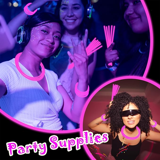 100 pk 8" Pink Glow Sticks Bulk Party Favors, Light up Glow Necklaces & Bracelets in the Dark Party Supplies For Christmas Valentine Halloween Birthday Neon Party (100 * Pink)