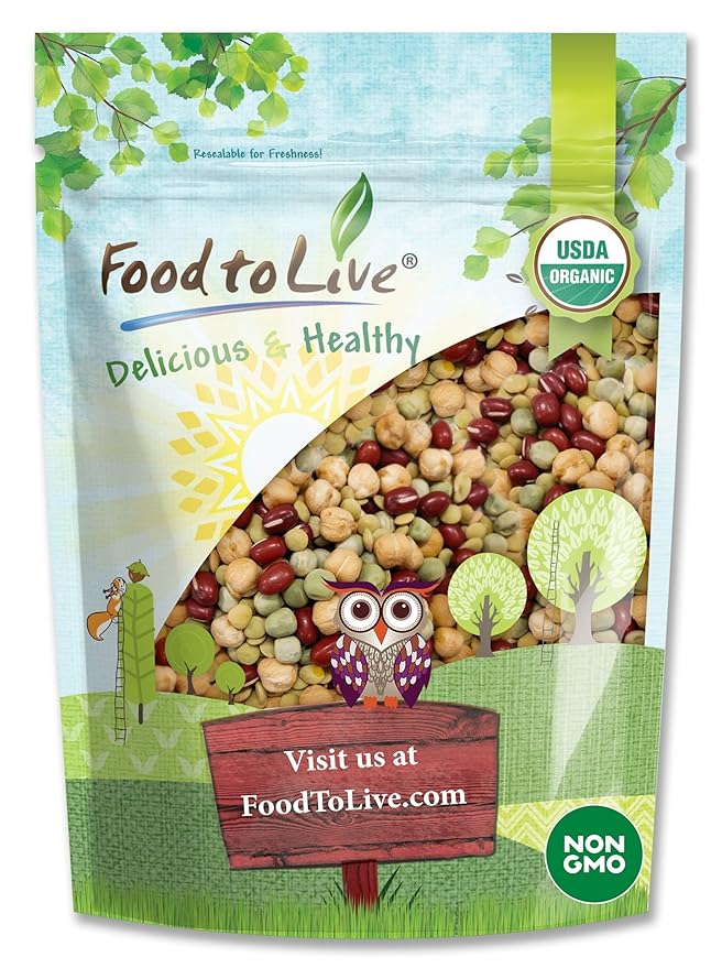 Food to Live Organic Crunchy Mix of Sprouting Beans, 3 Pounds - Non-GMO, Kosher, Non-Irradiated, Vegan, Raw, Dried, Bulk - Organic Green Peas, Adzuki, Lentil, Garbanzo