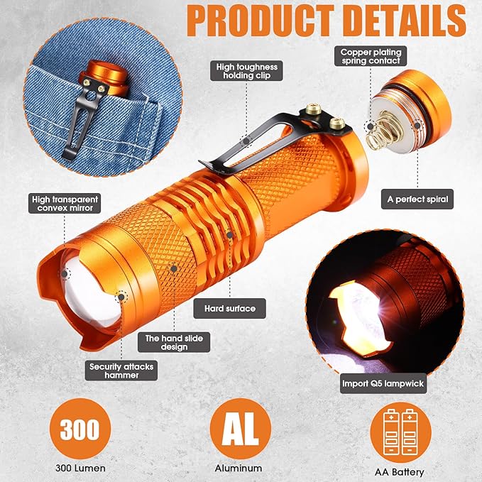 Fumete 20 Pieces LED Flashlight Mini 3 Mode Tactical Torch Small Water Resistant Pocket Flash Light Adjustable Focus Light Pen for Men, Father, Indoor Outdoor Hiking(Orange)