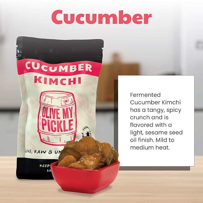 Olive My Pickle Organic Kimchi Fermented - 48 oz | 3-Pack of Probiotic Cucumber Kimchi Vegan | Fresh Korean Kimchi with Natural Probiotics for Gut Health - Perfect for Ramen & Spicy Kimchi Noodles