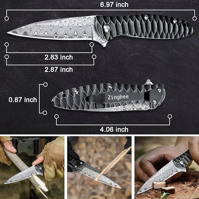 Damascus Pocket Knife, 2.87" Damascus Blade Folding Knives with Stainless Steel Handle, EDC Knife for Camping Hiking Hunting Gift