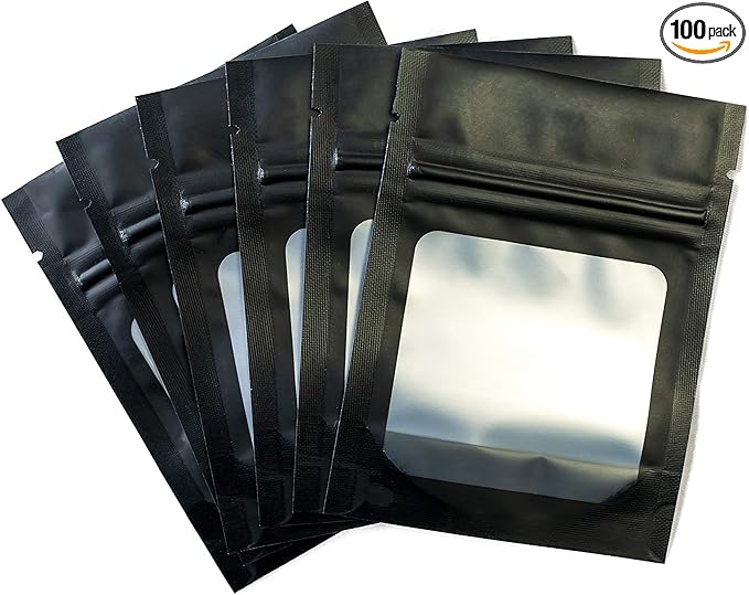 HANSER | Smell Proof Odorless Mylar Resealable Foil Pouch Bags with clear Window | Stand up bottom | Airtight | matte black | 100 Pieces | 3x4 inches