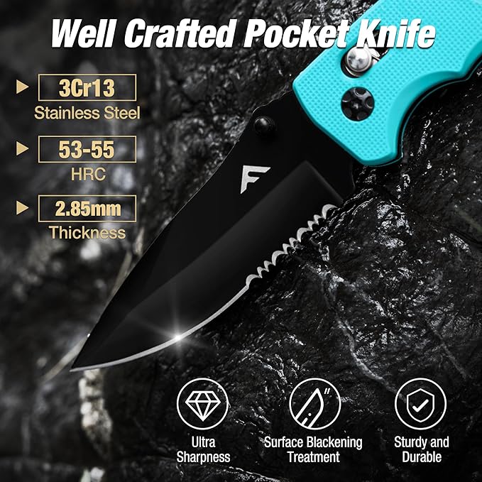 FLISSA Folding Pocket Knife with Clip, Glass Breaker and Seatbelt Cutter, Survival Knife for Emergency Rescue Situations, EDC Knife for Tactical, Hunting, Camping, Outdoor, Unique Gifts for Dad, Father-Blue