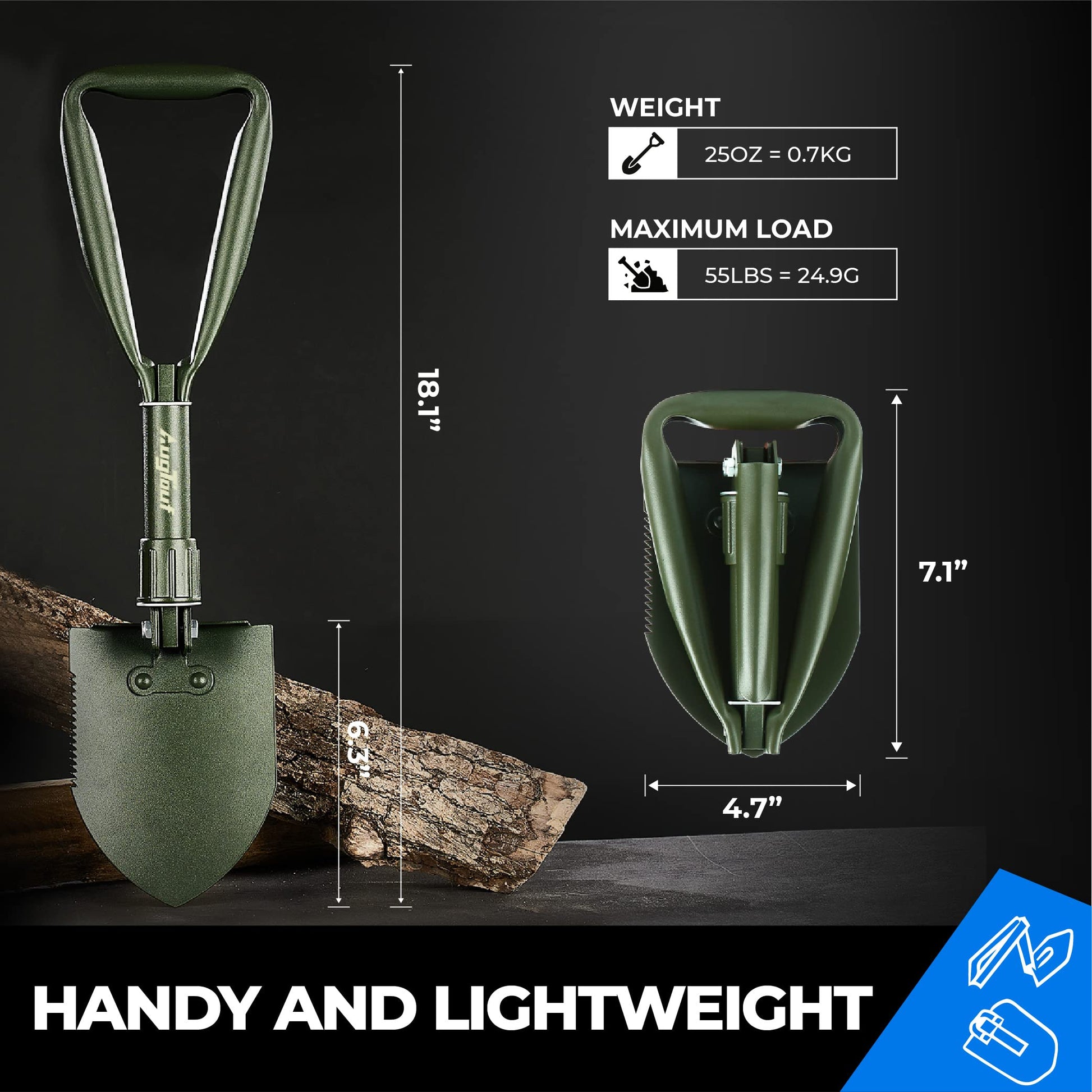 18'' Military Folding Camping Shovel, Offroad Survival High Carbon Steel Shovel (Olive) AugTouf by
