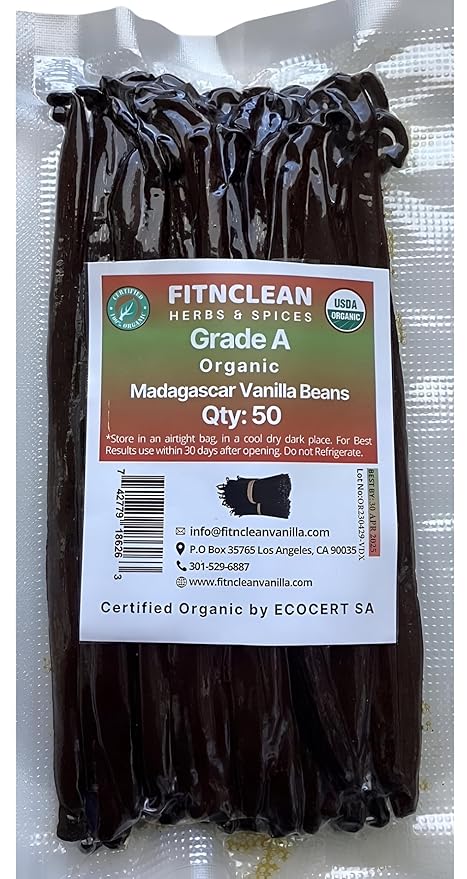 50 Organic Grade A Madagascar Vanilla Beans. Certified USDA Organic for Extract and All Things Vanilla by FITNCLEAN VANILLA. Bulk Fresh NON-GMO Pods.